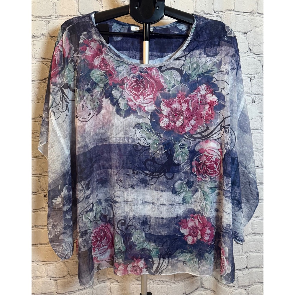 G Collection Women 1X Blue Pink Floral Sheer Dolman‎ Sleeve Blouse NWT